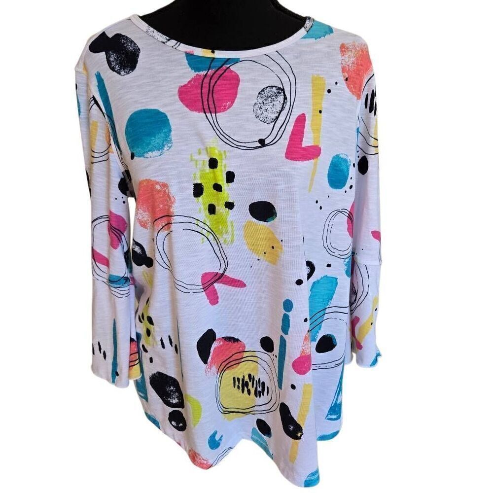 Multiples Womens Abstract Multi Color Flare Sleeve Art to Wear Top Small